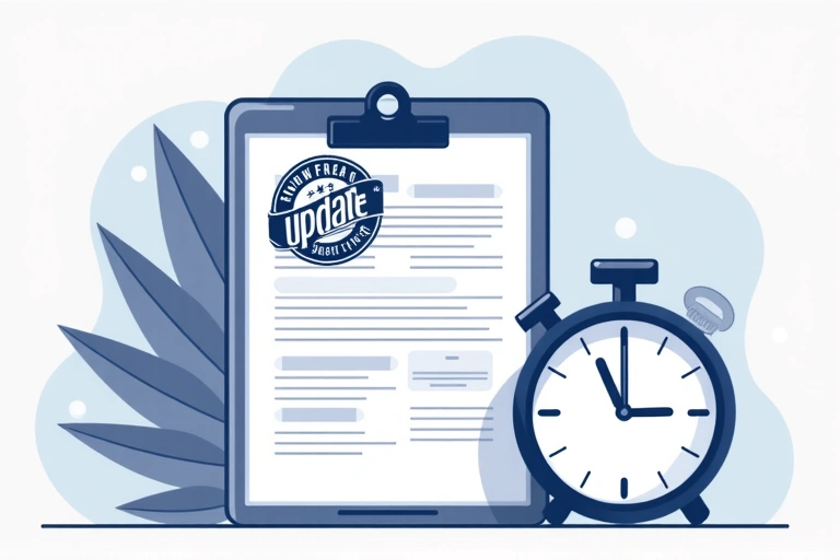Illustration of a document with a 'Policy Update' stamp and a calendar icon, symbolizing changes over time.