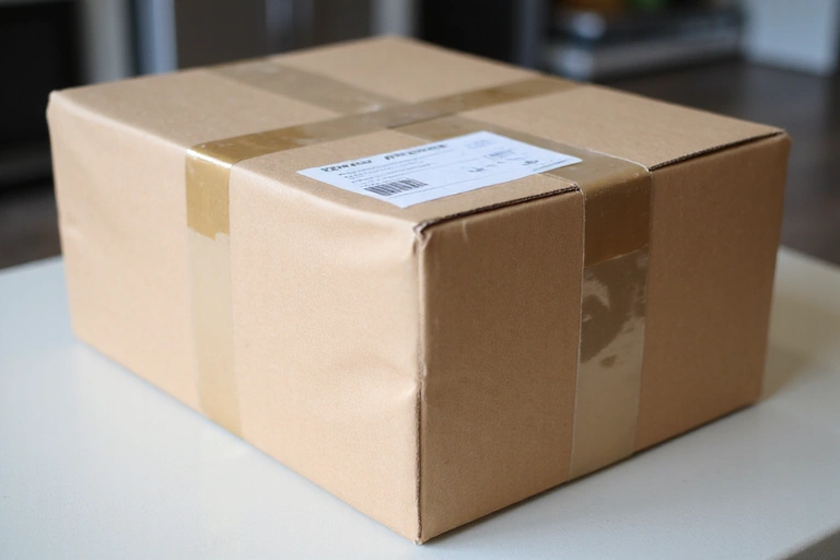 A neatly packed return box with a shipping label on a counter